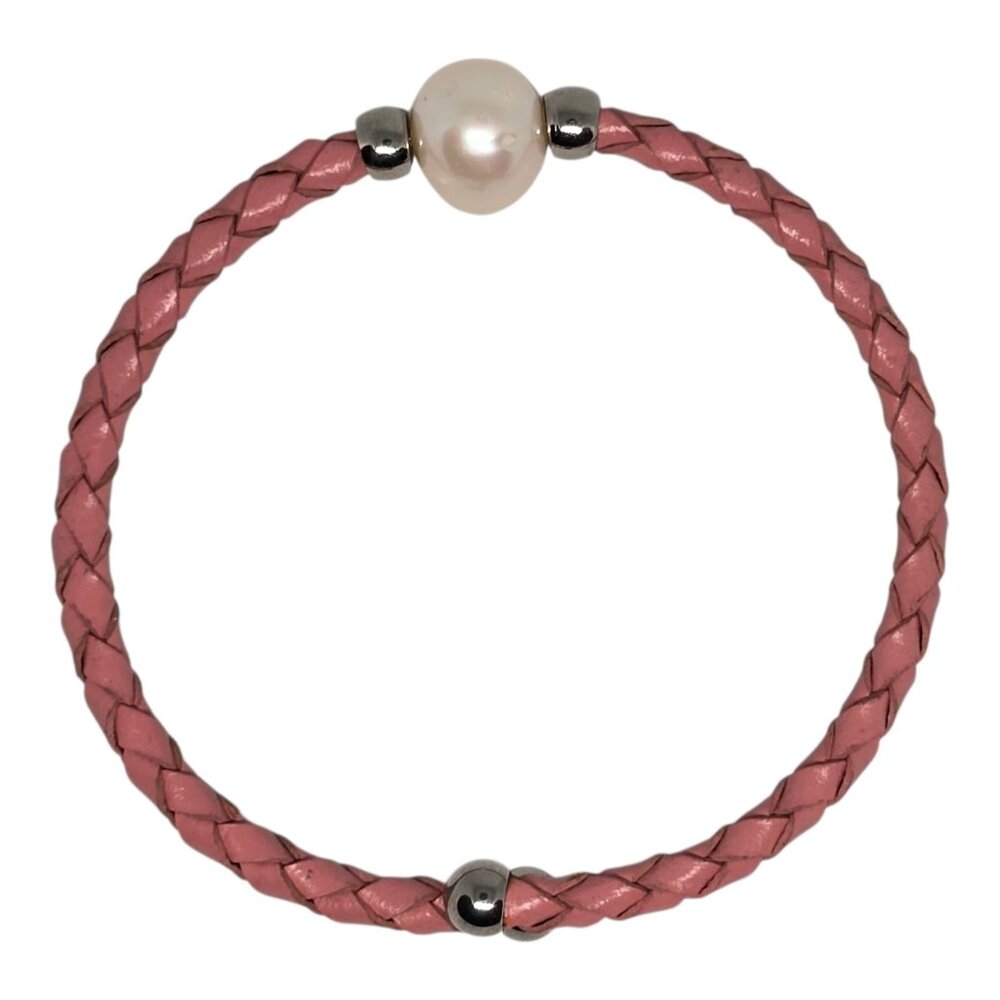 Braided Pink Leather Bracelet With Freshwater Pearl & Silver Accents For Women - Picture 1 of 4